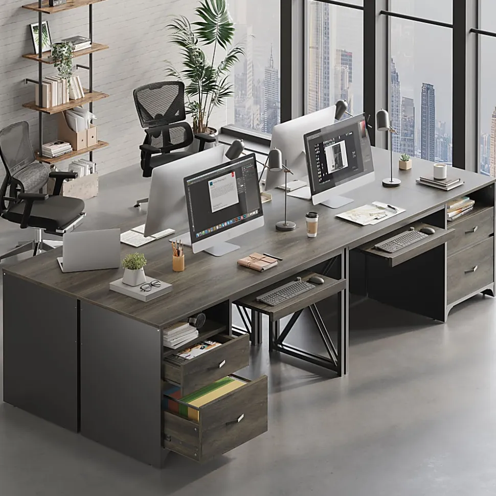 Bestier 56"W Office Desk With Drawers & Tray, Retro Gray Oak Dark