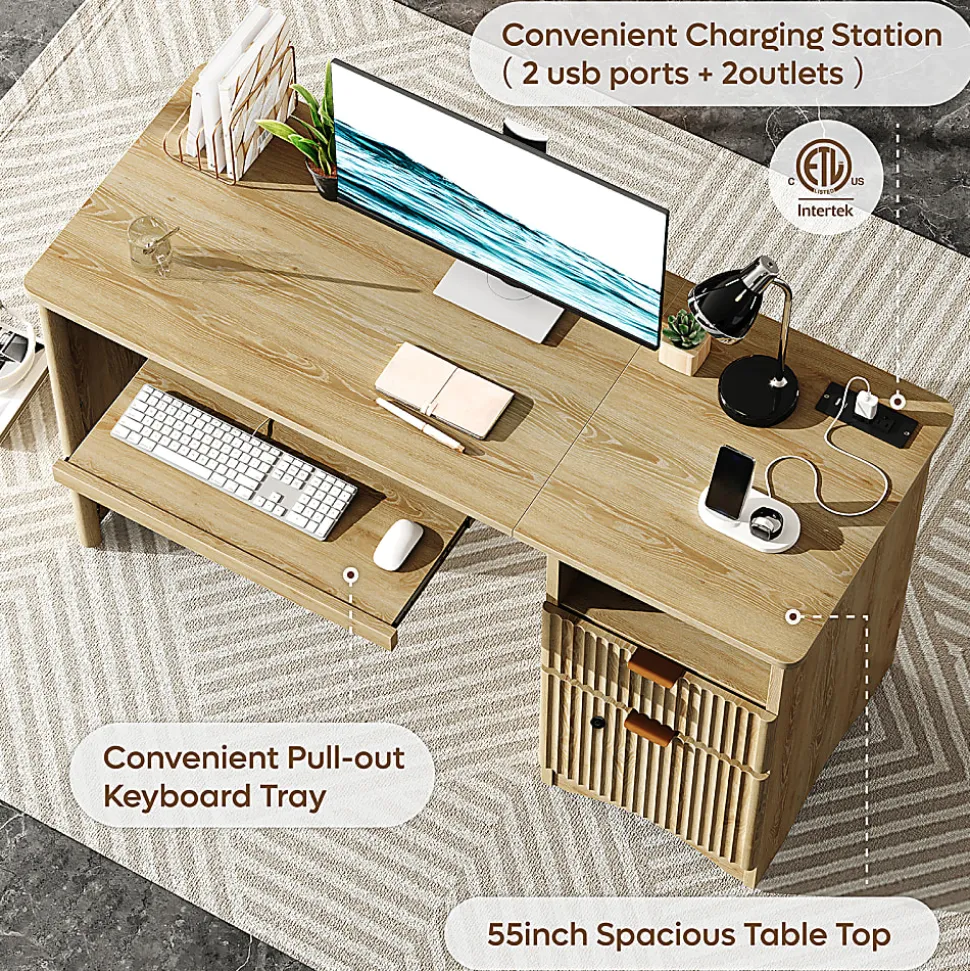Bestier 55" Wood Computer Desk with Smart Lock Drawer, Keyboard Tray & Power Outlet,Natural Oak