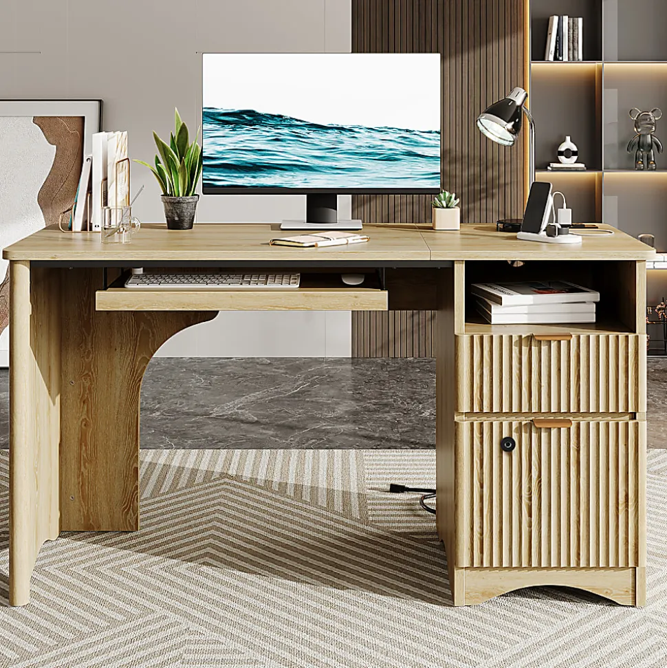 Bestier 55" Wood Computer Desk with Smart Lock Drawer, Keyboard Tray & Power Outlet,Natural Oak