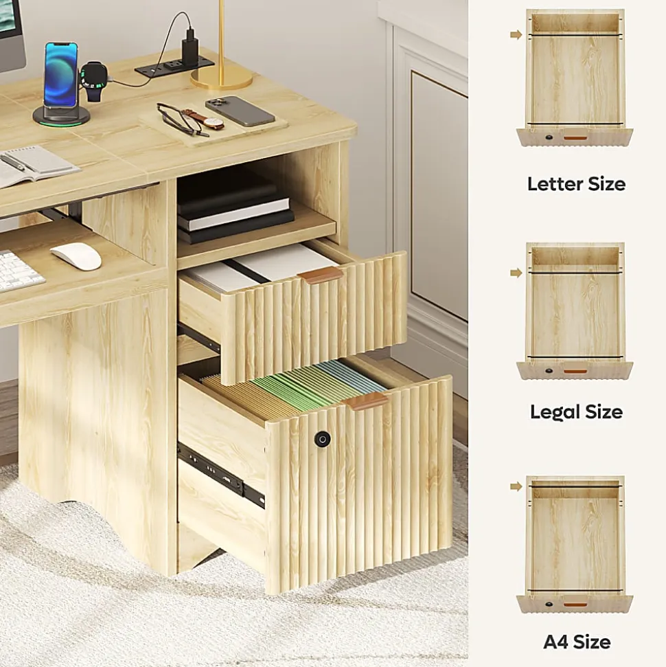 Bestier 55" Wood Computer Desk with Smart Lock Drawer, Keyboard Tray & Power Outlet,Natural Oak
