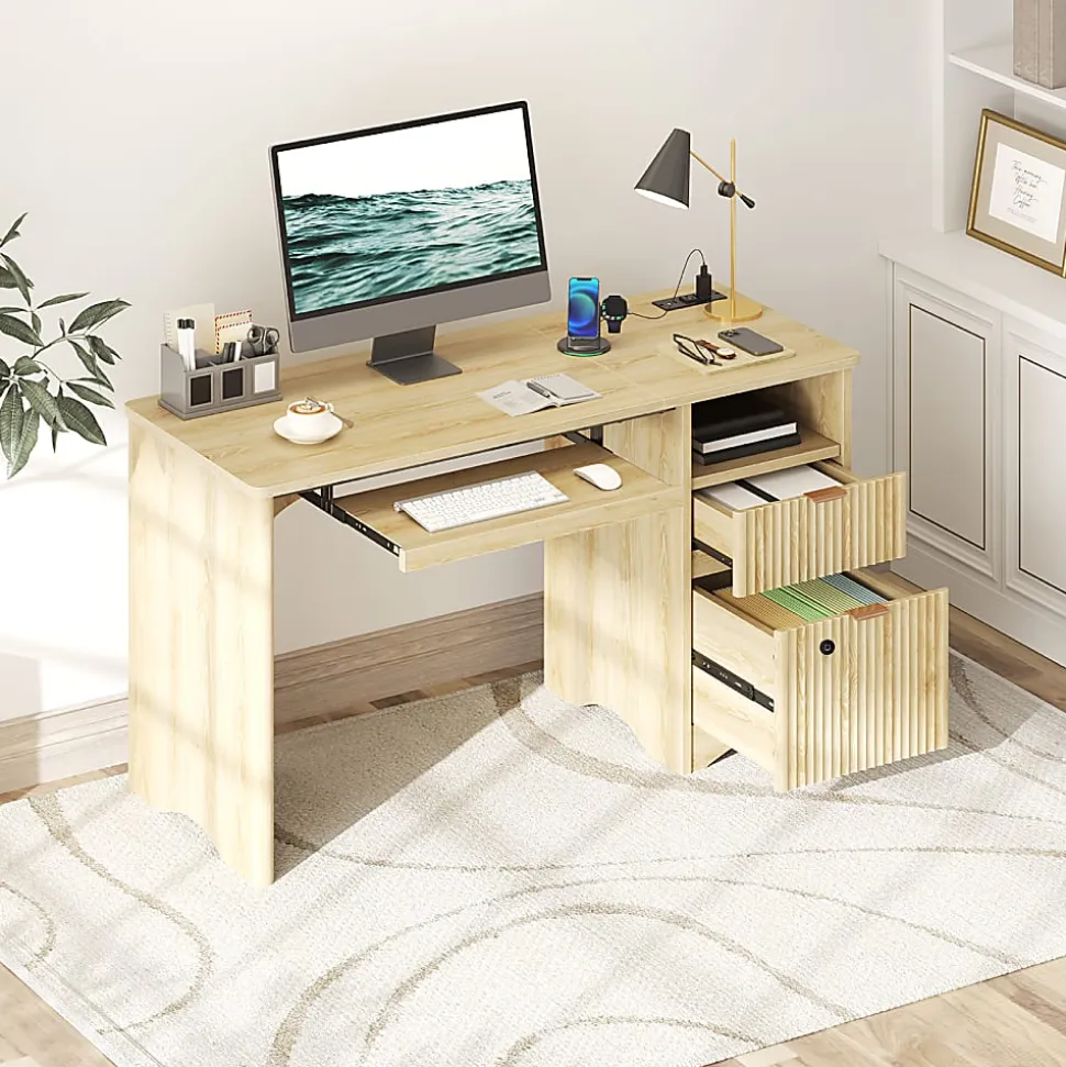 Bestier 55" Wood Computer Desk with Smart Lock Drawer, Keyboard Tray & Power Outlet,Natural Oak