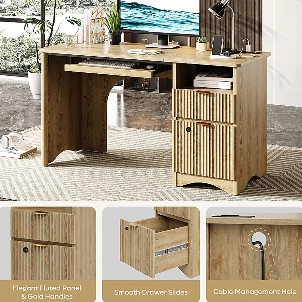 Bestier 55" Wood Computer Desk with Smart Lock Drawer, Keyboard Tray & Power Outlet,Natural Oak