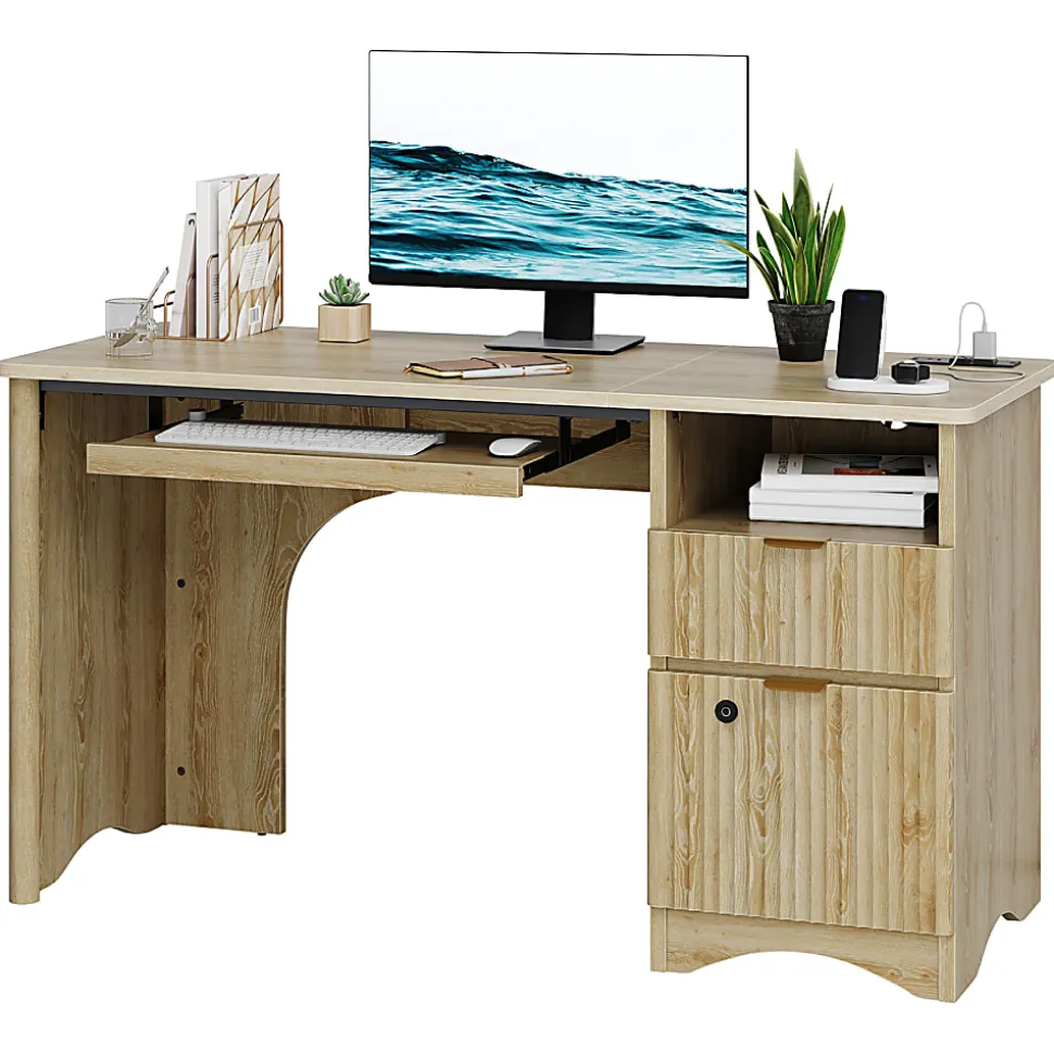 Bestier 55" Wood Computer Desk with Smart Lock Drawer, Keyboard Tray & Power Outlet,Natural Oak