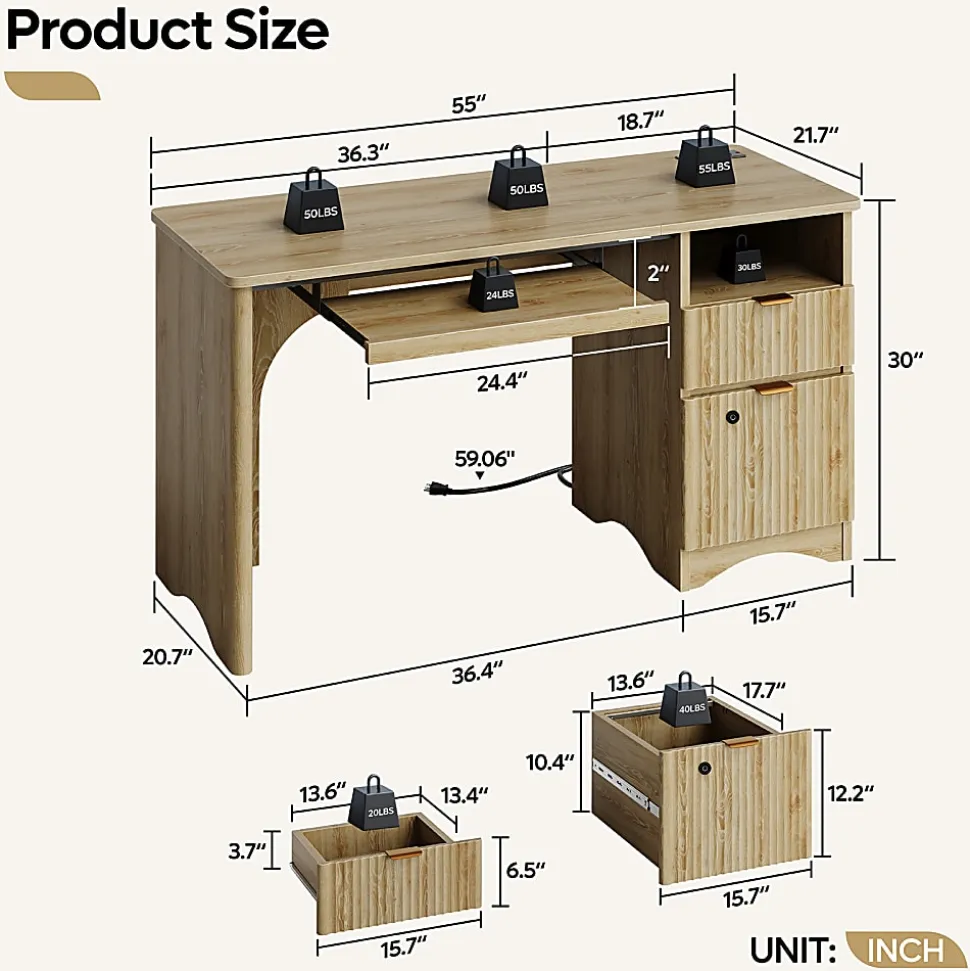 Bestier 55" Wood Computer Desk with Smart Lock Drawer, Keyboard Tray & Power Outlet,Natural Oak