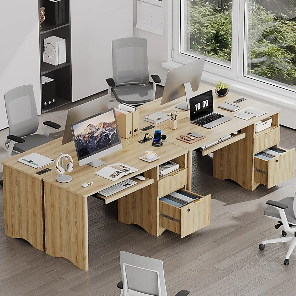 Bestier 55" Wood Computer Desk with Smart Lock Drawer, Keyboard Tray & Power Outlet,Natural Oak