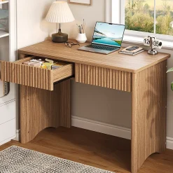 Bestier 40"W Rectangular 2-Drawer Wood Fluted Computer Desk, Brown