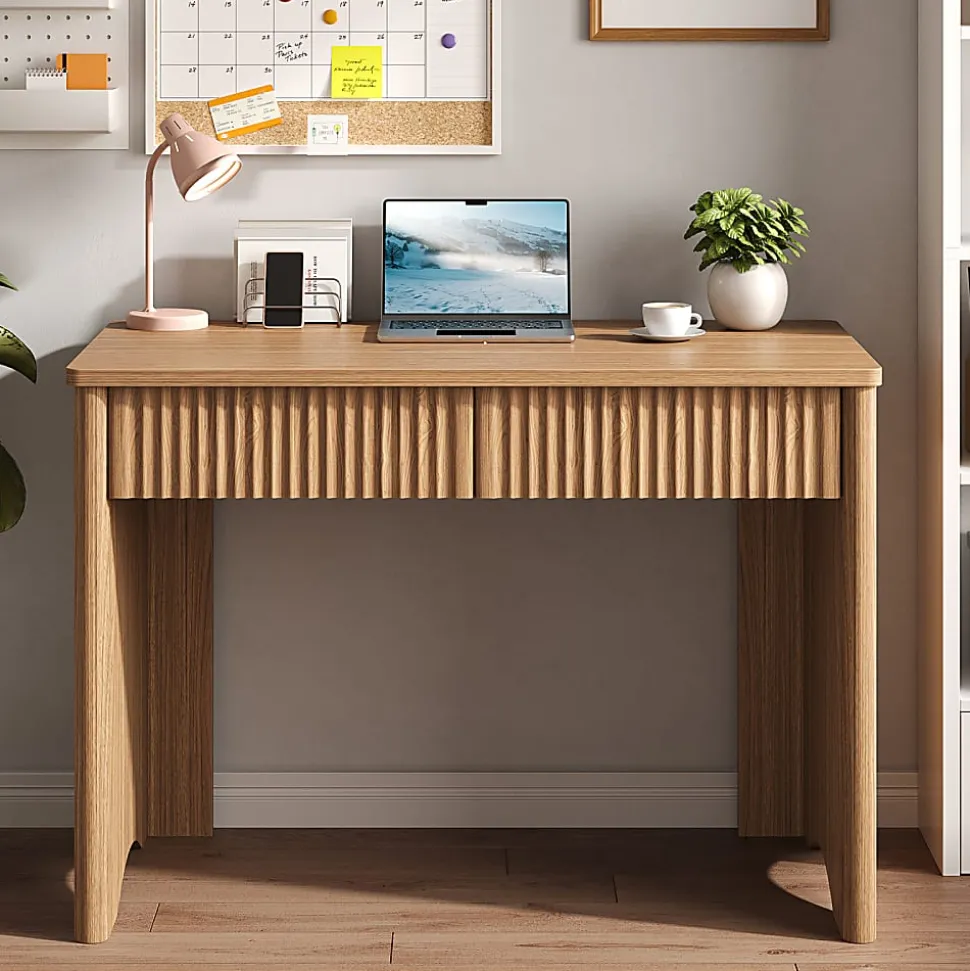 Bestier 40"W Rectangular 2-Drawer Wood Fluted Computer Desk, Brown