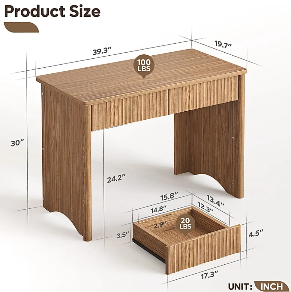 Bestier 40"W Rectangular 2-Drawer Wood Fluted Computer Desk, Brown
