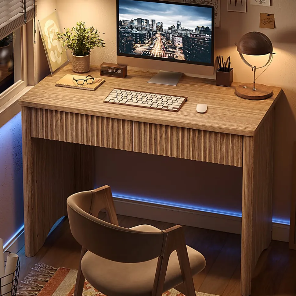 Bestier 40"W Rectangular 2-Drawer Wood Fluted Computer Desk, Brown
