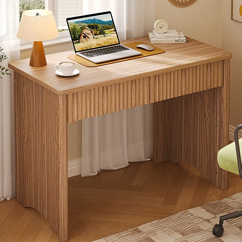Bestier 40"W Rectangular 2-Drawer Wood Fluted Computer Desk, Brown