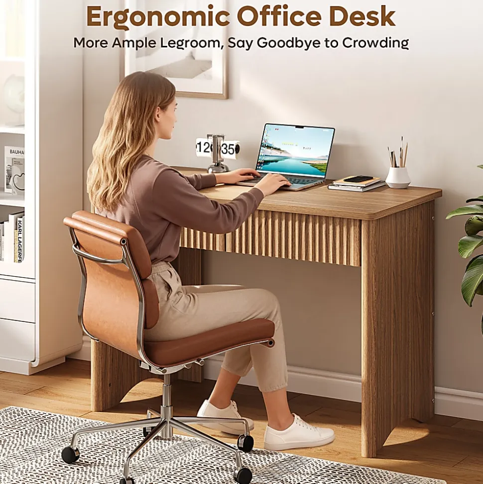 Bestier 40"W Rectangular 2-Drawer Wood Fluted Computer Desk, Brown