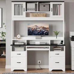Bestier 59"W Rectangular Executive Ergonomic Computer Desk, Black/White