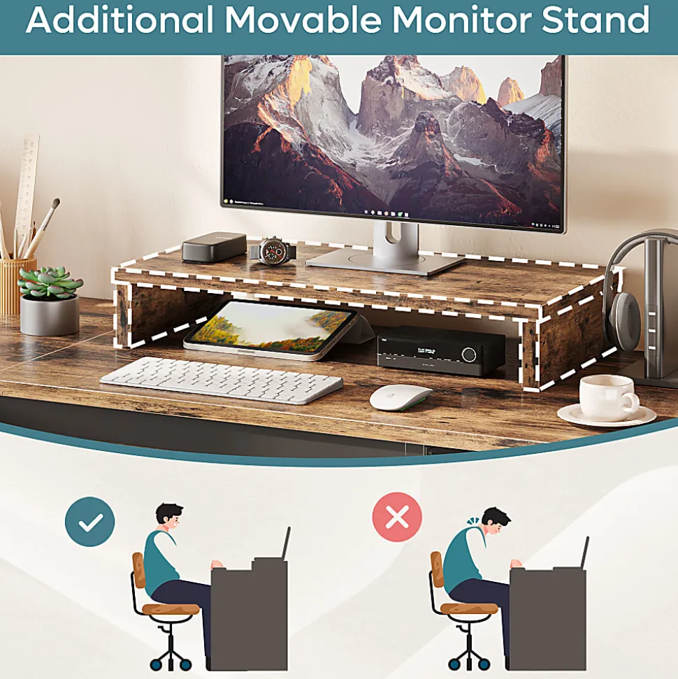 Bestier 56"W Standing Desk With Drawers & Monitor Stand, Rustic Brown