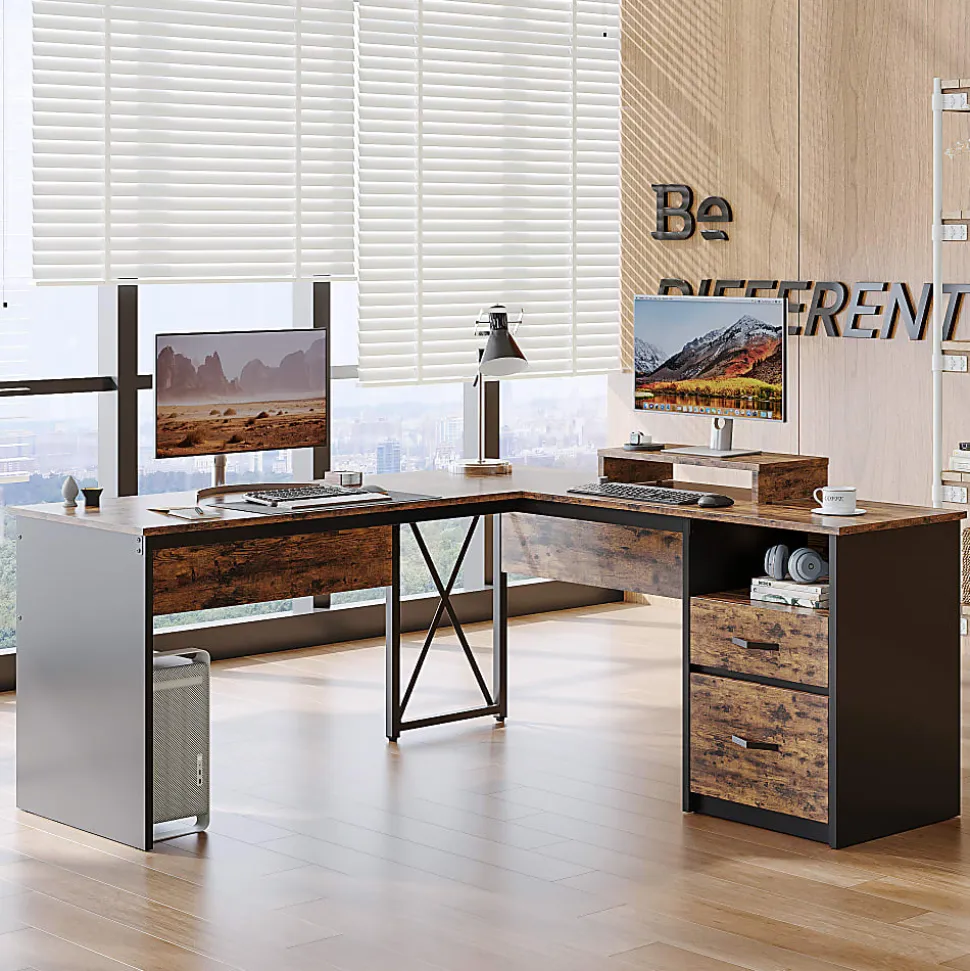 Bestier 56"W Standing Desk With Drawers & Monitor Stand, Rustic Brown