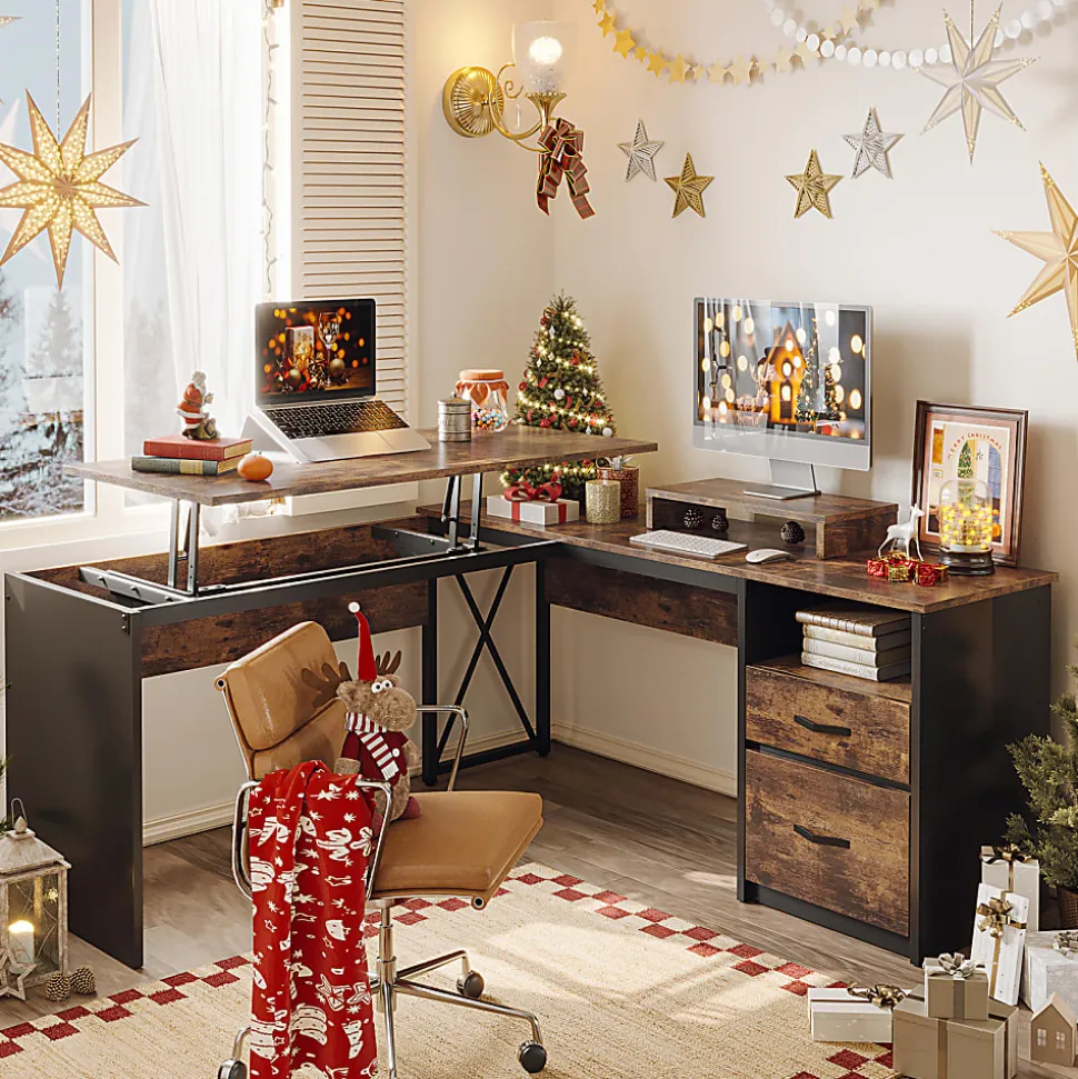 Bestier 56"W Standing Desk With Drawers & Monitor Stand, Rustic Brown