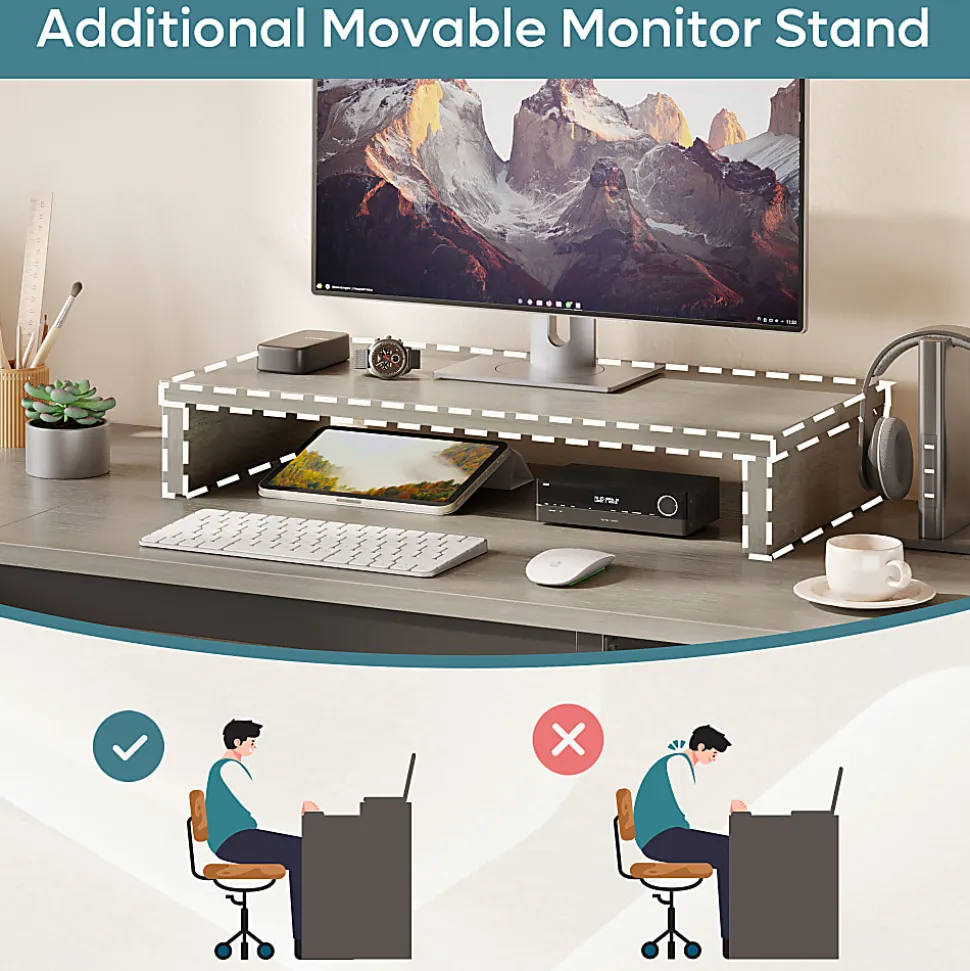 Bestier 56"W Standing Desk With Drawers & Monitor Stand, Light Retro Gray Oak