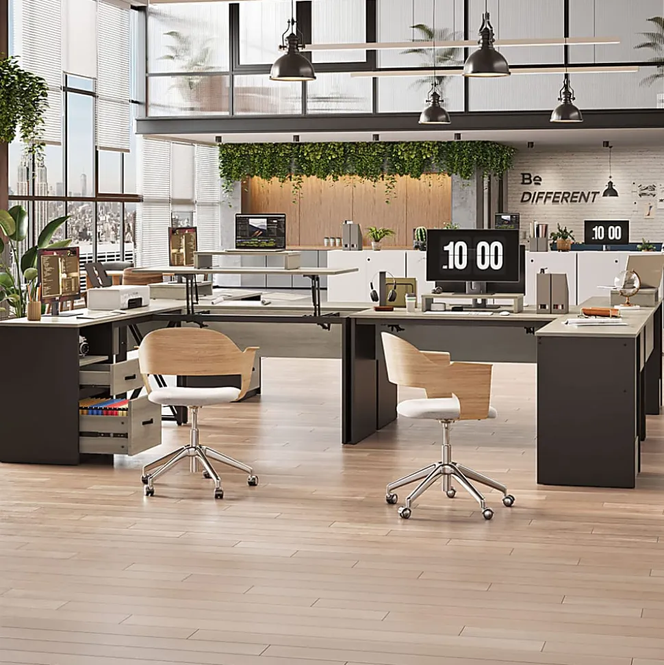 Bestier 56"W Standing Desk With Drawers & Monitor Stand, Light Retro Gray Oak