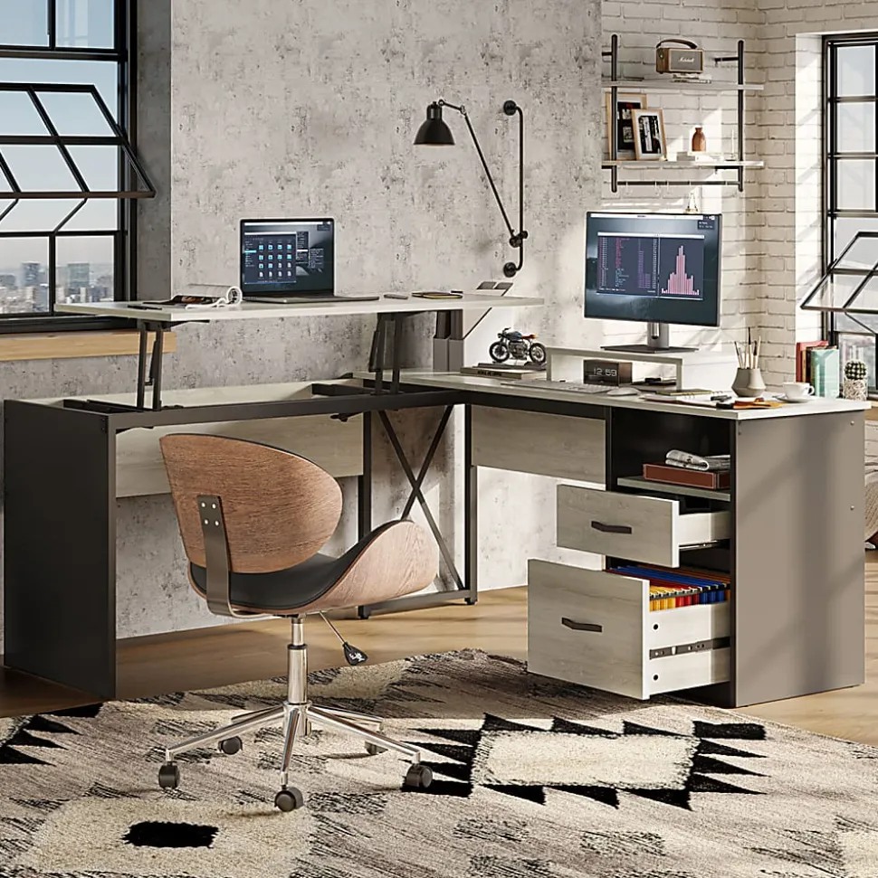 Bestier 56"W Standing Desk With Drawers & Monitor Stand, Light Retro Gray Oak