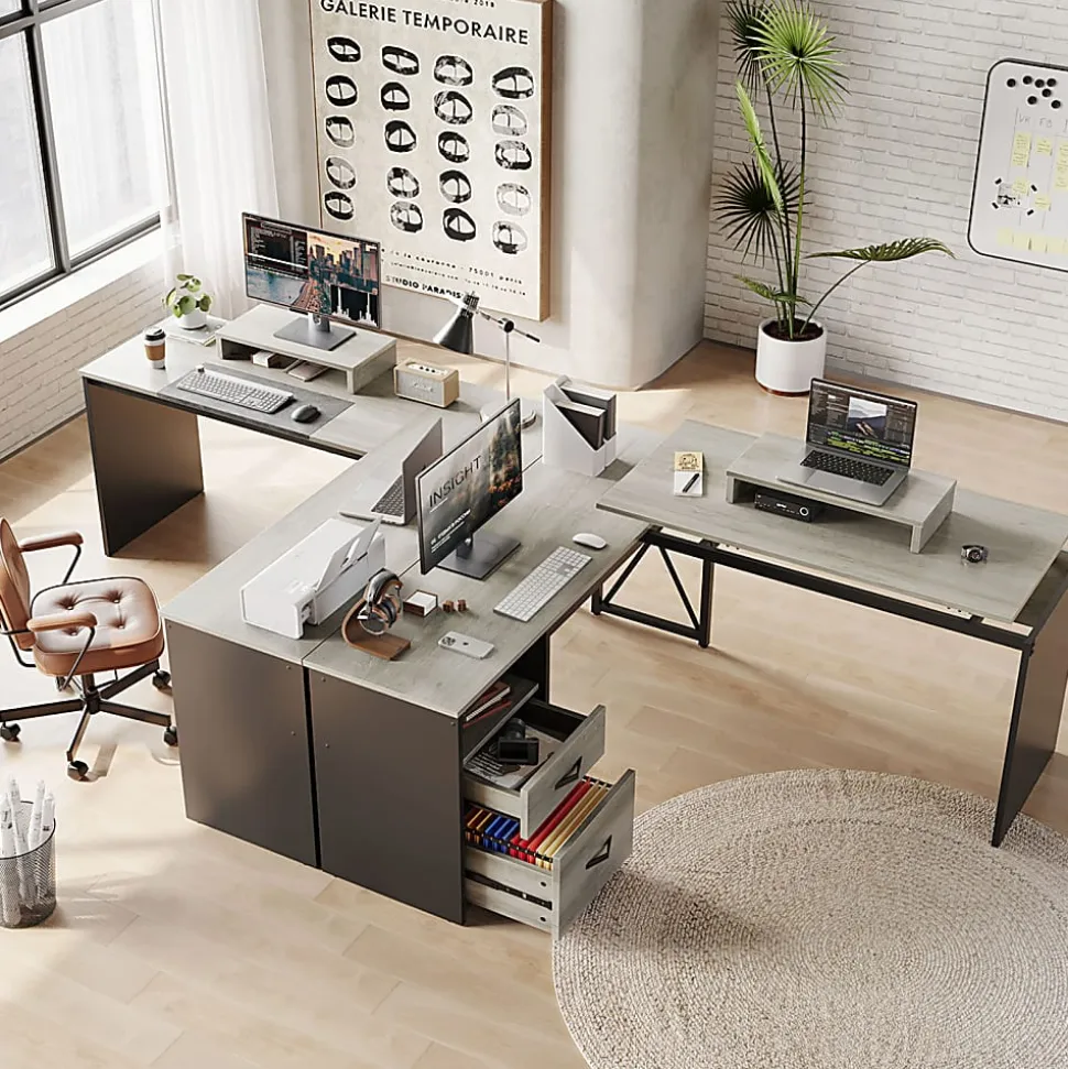 Bestier 56"W Standing Desk With Drawers & Monitor Stand, Light Retro Gray Oak