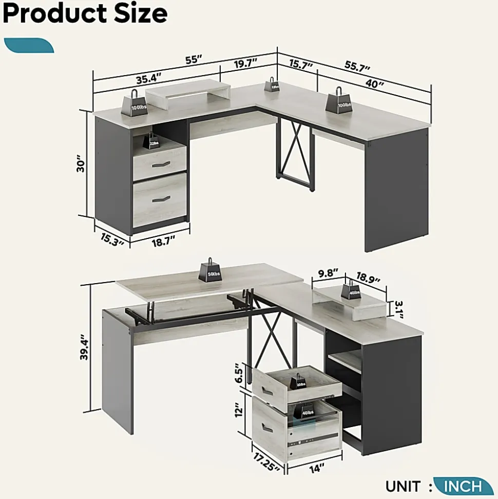Bestier 56"W Standing Desk With Drawers & Monitor Stand, Light Retro Gray Oak