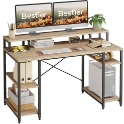Bestier 56"W Student Desk With Monitor Stand & Storage Shelf, Light Oak