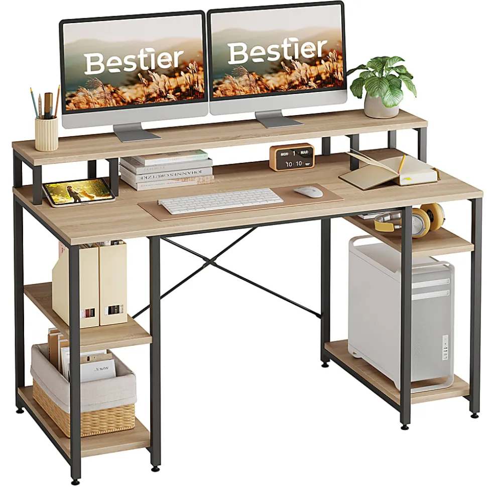 Bestier 56"W Student Desk With Monitor Stand & Storage Shelf, Light Oak