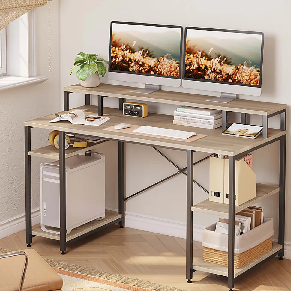 Bestier 56"W Student Desk With Monitor Stand & Storage Shelf, Light Oak