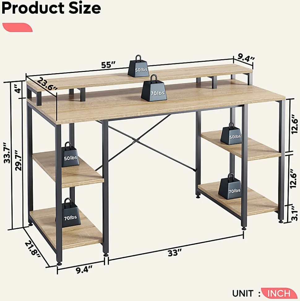 Bestier 56"W Student Desk With Monitor Stand & Storage Shelf, Light Oak