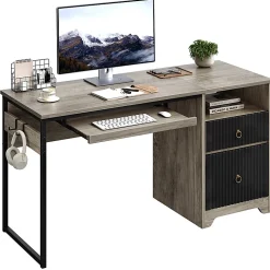Bestier 56"W Writing Computer Desk With Storage And Keyboard Tray, Gray