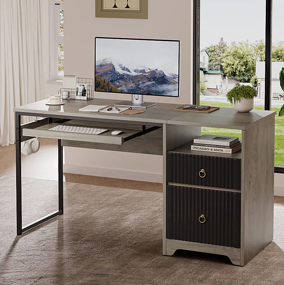 Bestier 56"W Writing Computer Desk With Storage And Keyboard Tray, Gray