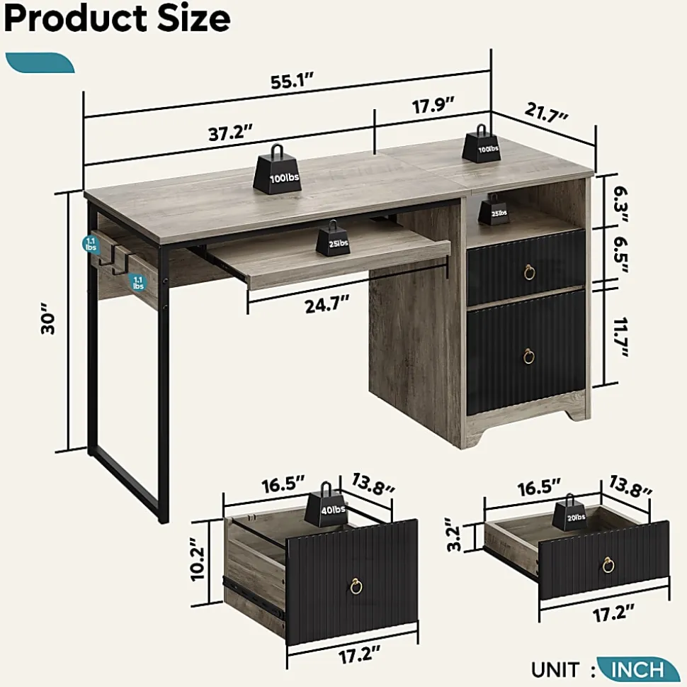 Bestier 56"W Writing Computer Desk With Storage And Keyboard Tray, Gray
