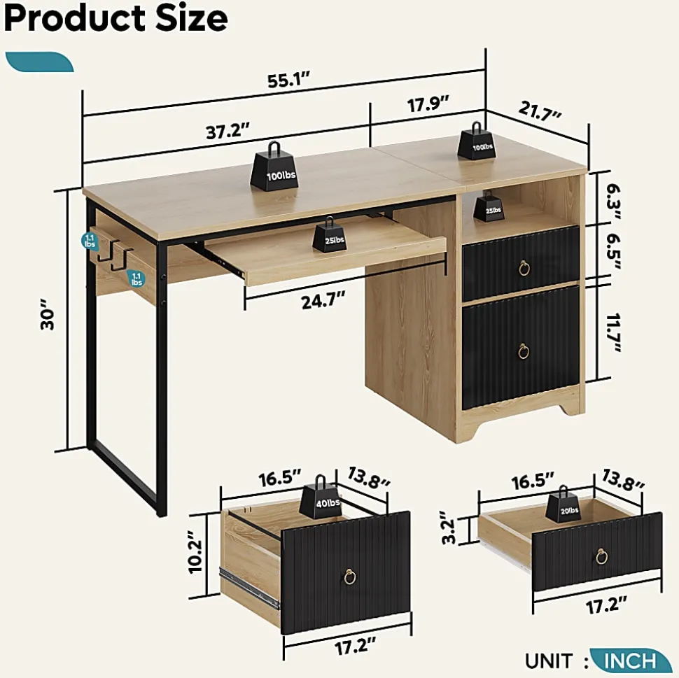 Bestier 56"W Writing Computer Desk With Storage And Keyboard Tray, Natural Oak