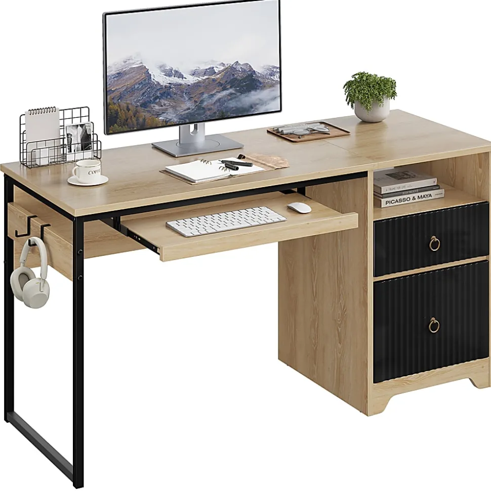 Bestier 56"W Writing Computer Desk With Storage And Keyboard Tray, Natural Oak