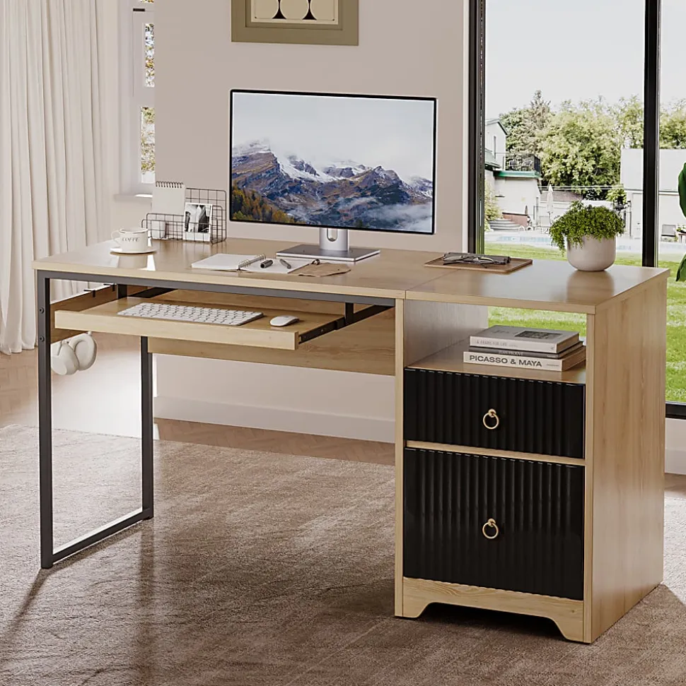 Bestier 56"W Writing Computer Desk With Storage And Keyboard Tray, Natural Oak
