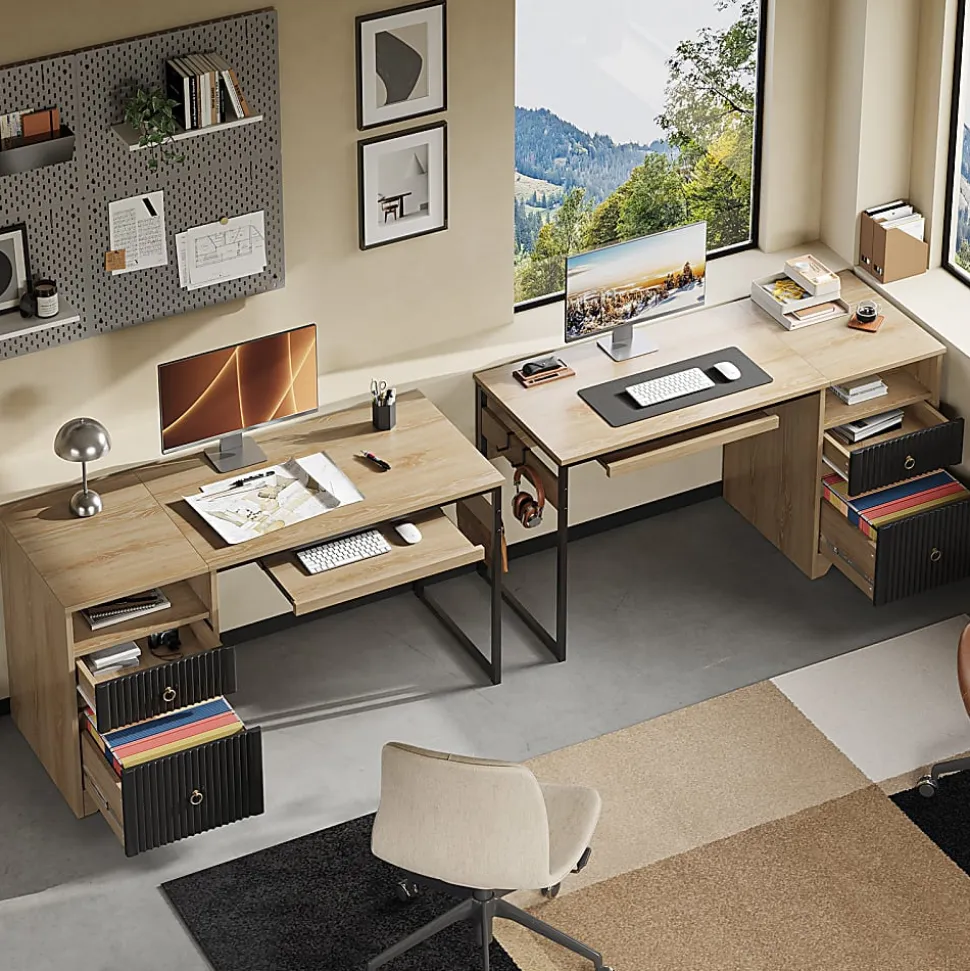 Bestier 56"W Writing Computer Desk With Storage And Keyboard Tray, Natural Oak