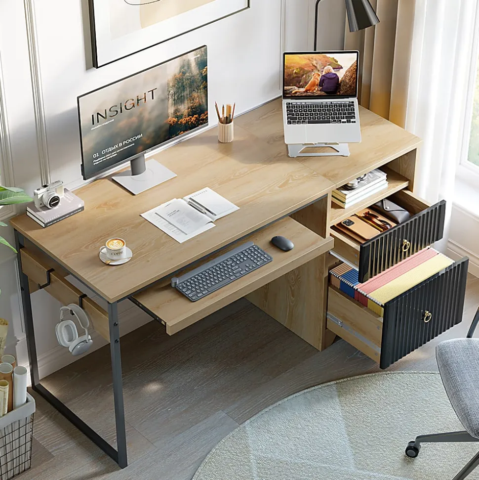 Bestier 56"W Writing Computer Desk With Storage And Keyboard Tray, Natural Oak