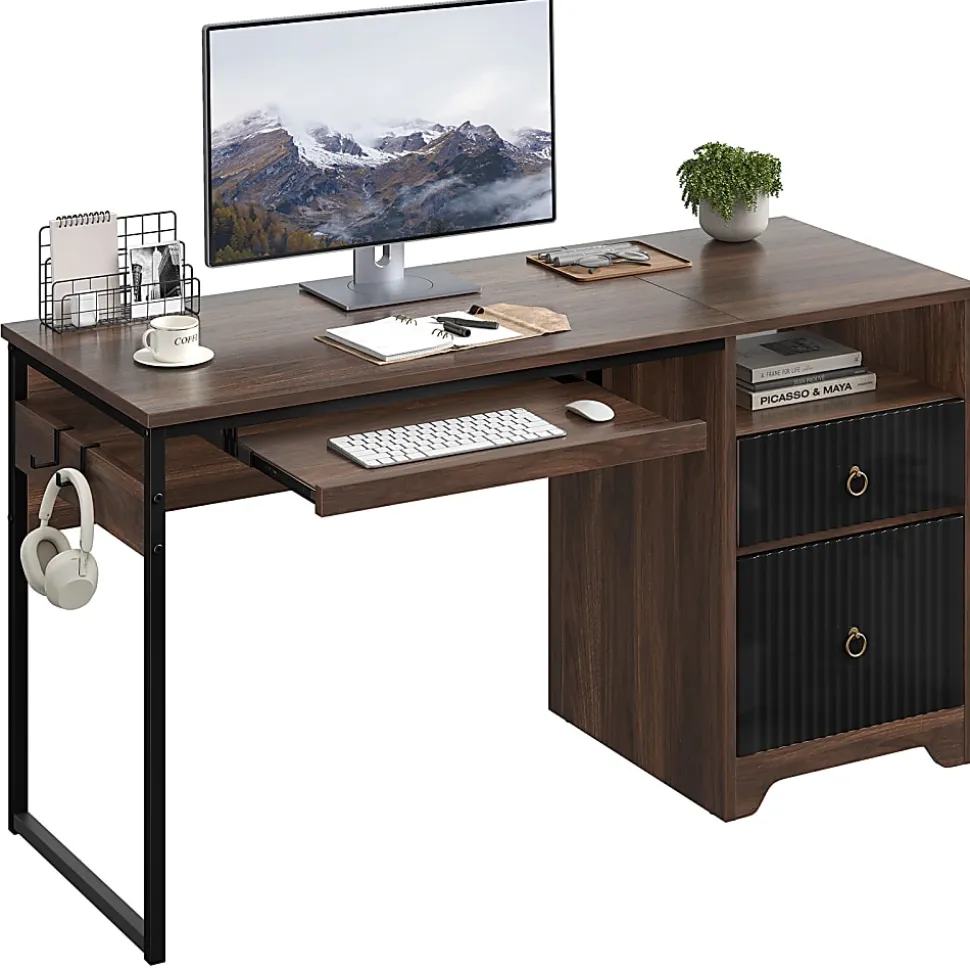 Bestier 56"W Writing Computer Desk With Storage And Keyboard Tray, Walnut
