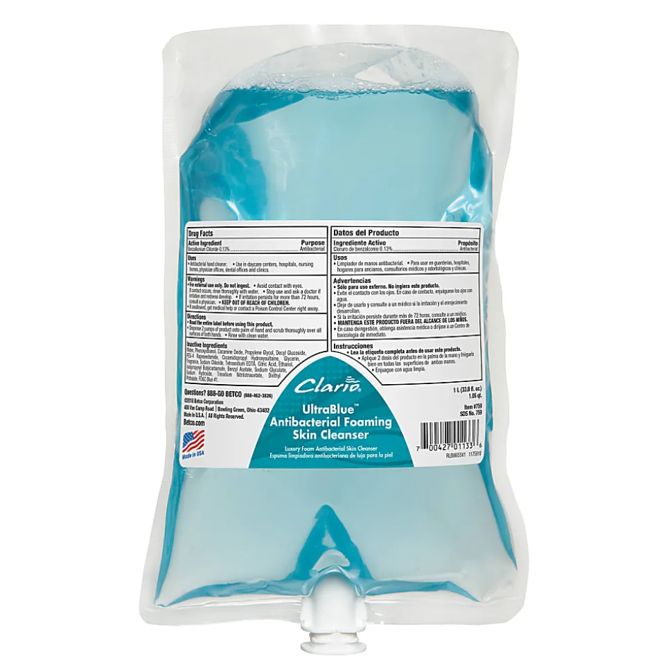 Betco® Clario® Ultrablue™ Antibacterial Foaming Skin Cleanser, Clean Ocean Scent, 1,000 mL, Case Of 6