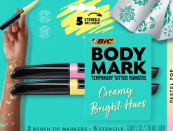 BIC BodyMark Temporary Tattoo Markers, Flexible Brush Tips, Black Barrels, Pastel Pink And Yellow Ink, Pack Of 2 Markers
