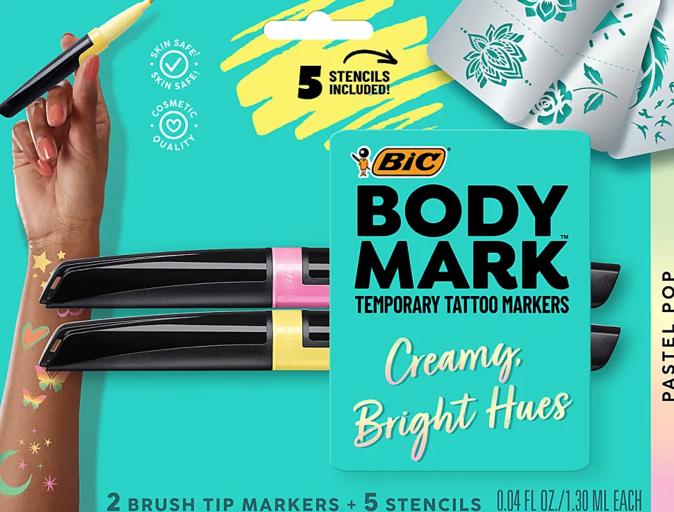 BIC BodyMark Temporary Tattoo Markers, Flexible Brush Tips, Black Barrels, Pastel Pink And Yellow Ink, Pack Of 2 Markers