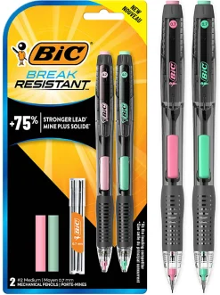 BIC Break-Resistant Mechanical Pencils With Erasers, No. 2 Medium Point, 0.7 mm, Assorted Accent Colors, Pack Of 2 Pencils