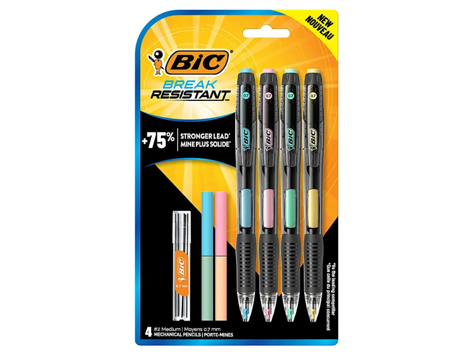 BIC Break Resistant Mechanical Pencils with Erasers, No. 2 Medium Point (0.7mm), Pack Of 4
