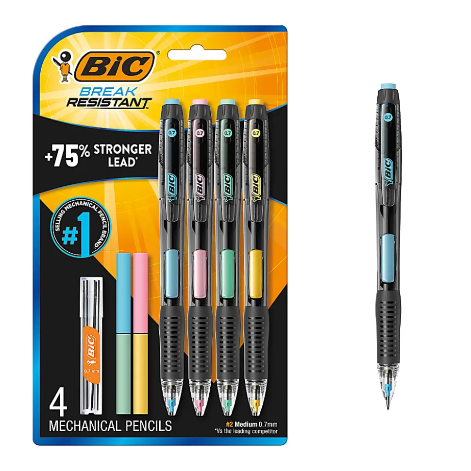 BIC Break Resistant Mechanical Pencils with Erasers, No. 2 Medium Point (0.7mm), Pack Of 4