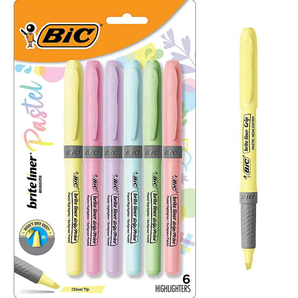 BIC Brite Liner Grip Highlighters, Chisel Tip, Assorted Barrel, Assorted Pastel Ink, Pack Of 6 Highlighters