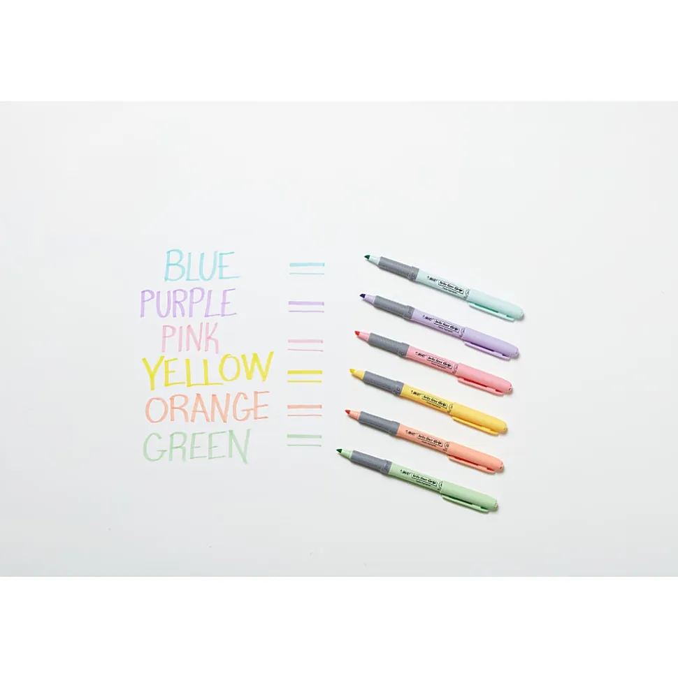 BIC Brite Liner Grip Highlighters, Chisel Tip, Assorted Barrel, Assorted Pastel Ink, Pack Of 6 Highlighters