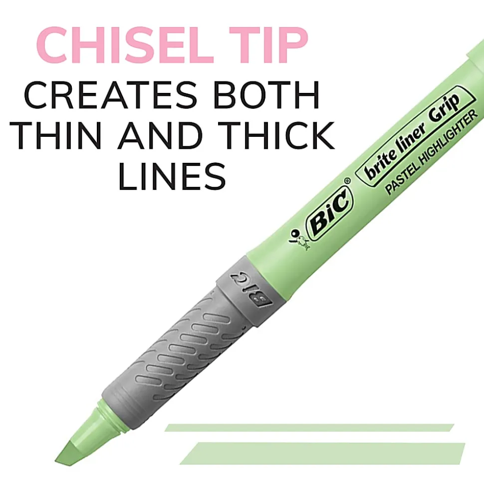 BIC Brite Liner Grip Highlighters, Chisel Tip, Assorted Barrel, Assorted Pastel Ink, Pack Of 6 Highlighters