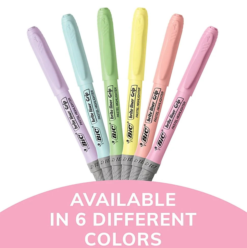 BIC Brite Liner Grip Highlighters, Chisel Tip, Assorted Barrel, Assorted Pastel Ink, Pack Of 6 Highlighters