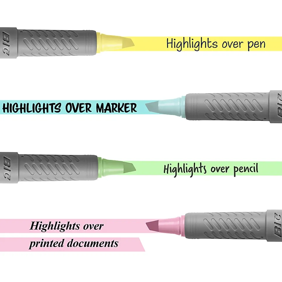BIC Brite Liner Grip Highlighters, Chisel Tip, Assorted Barrel, Assorted Pastel Ink, Pack Of 6 Highlighters