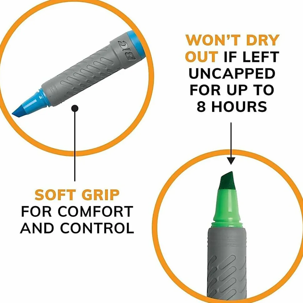 BIC Brite Liner Grip Highlighters, Pocket Style, Chisel Tip, Assorted Colors, Pack Of 5