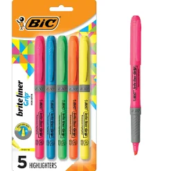 BIC Brite Liner Grip Highlighters, Pocket Style, Chisel Tip, Assorted Colors, Pack Of 5
